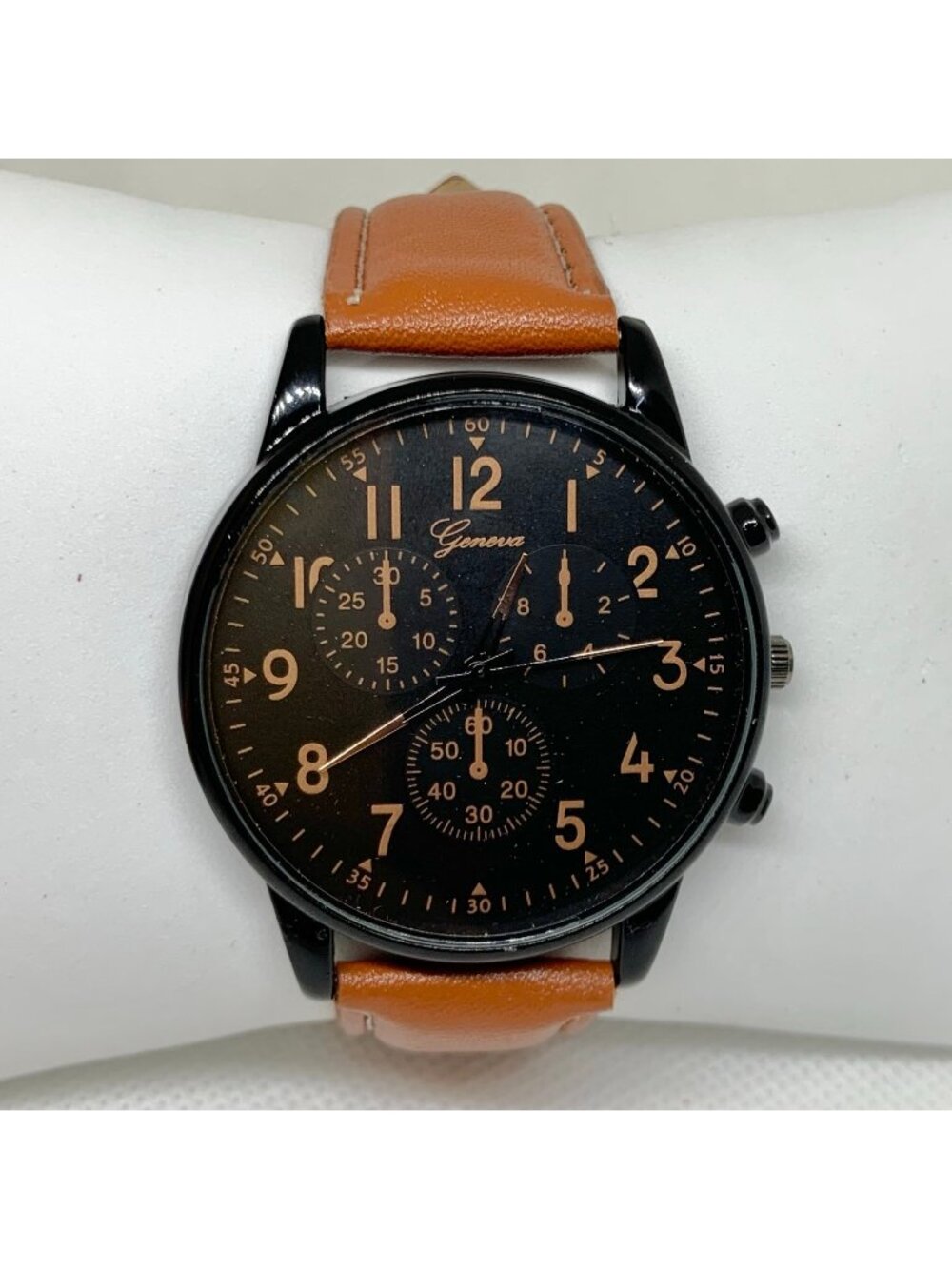 Geneva men watch 41mm black tone quartz analog brown leather band running